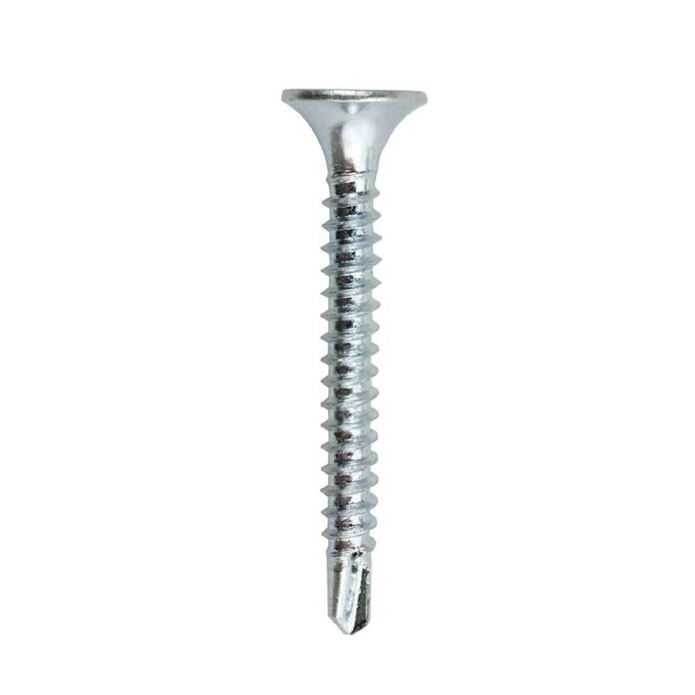 A GRIP-RITE 114ZSDS1 #6 x 1-1/4 in. zinc-plated self-drill drywall screw by Grip-Rite, featuring a bugle head and fine thread, compliant with ASTM C1002 standards, isolated on a white background.