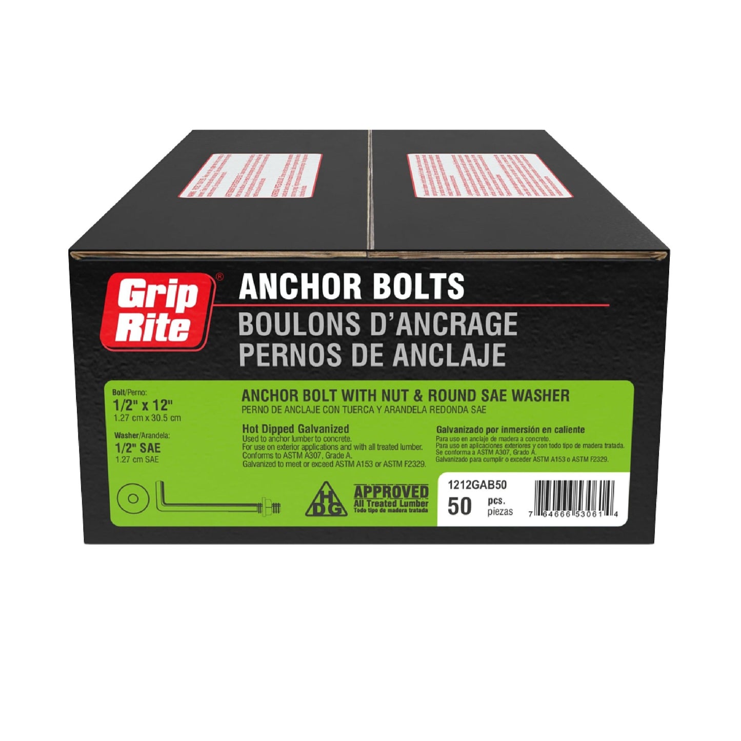The GRIP-RITE 1212GAB50 pack includes 50 galvanized anchor bolts (1/2 x 12) with nuts and round SAE washers, ideal for securing treated lumber to concrete. Multilingual packaging in English, French, and Spanish offers convenience.