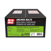 The GRIP-RITE 1212GAB50 pack includes 50 galvanized anchor bolts (1/2 x 12) with nuts and round SAE washers, ideal for securing treated lumber to concrete. Multilingual packaging in English, French, and Spanish offers convenience.
