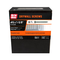 The GRIP-RITE 158CDWS5 pack features 945 #6 x 1-5/8 in. #2 Phillips Bugle Head coarse thread drywall screws designed for gypsum board to wood studs. Weighing 5 lb (2.26 kg), they come with a black phosphate coating and are packaged in Grip-Rites distinctive black and orange design.