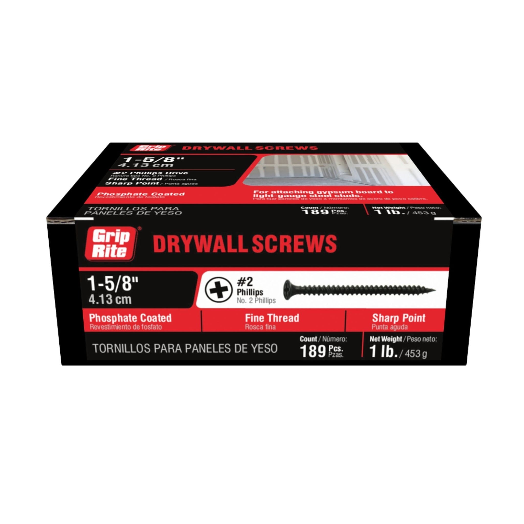 The GRIP-RITE 158DWS1 #6 x 1-5/8 in. drywall screws have a sharp point and #2 Phillips bugle head, with black phosphate coating. Each box contains 189 pieces weighing 1 lb, with instructions in English and Spanish.