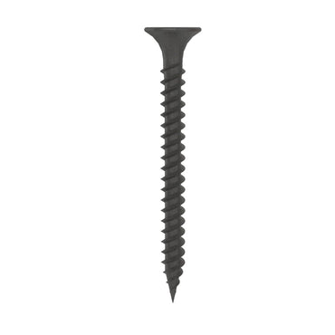 A single Grip-Rite 158DWS1 #6 x 1-5/8 in. Phillips bugle head drywall screw with a fine thread shines vertically against a plain white background, showcasing its sleek black phosphate coating that contrasts sharply with the backdrop.