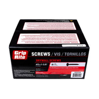 The Grip-Rite 158DWS5M box contains #6 x 1-5/8 in. Phillips bugle head fine thread drywall screws, labeled SCREWS, VIS, and TORNILLOS in trilingual text. Designed for attaching gypsum board to light gauge steel studs, the black box with red and white details features a black phosphate coating.