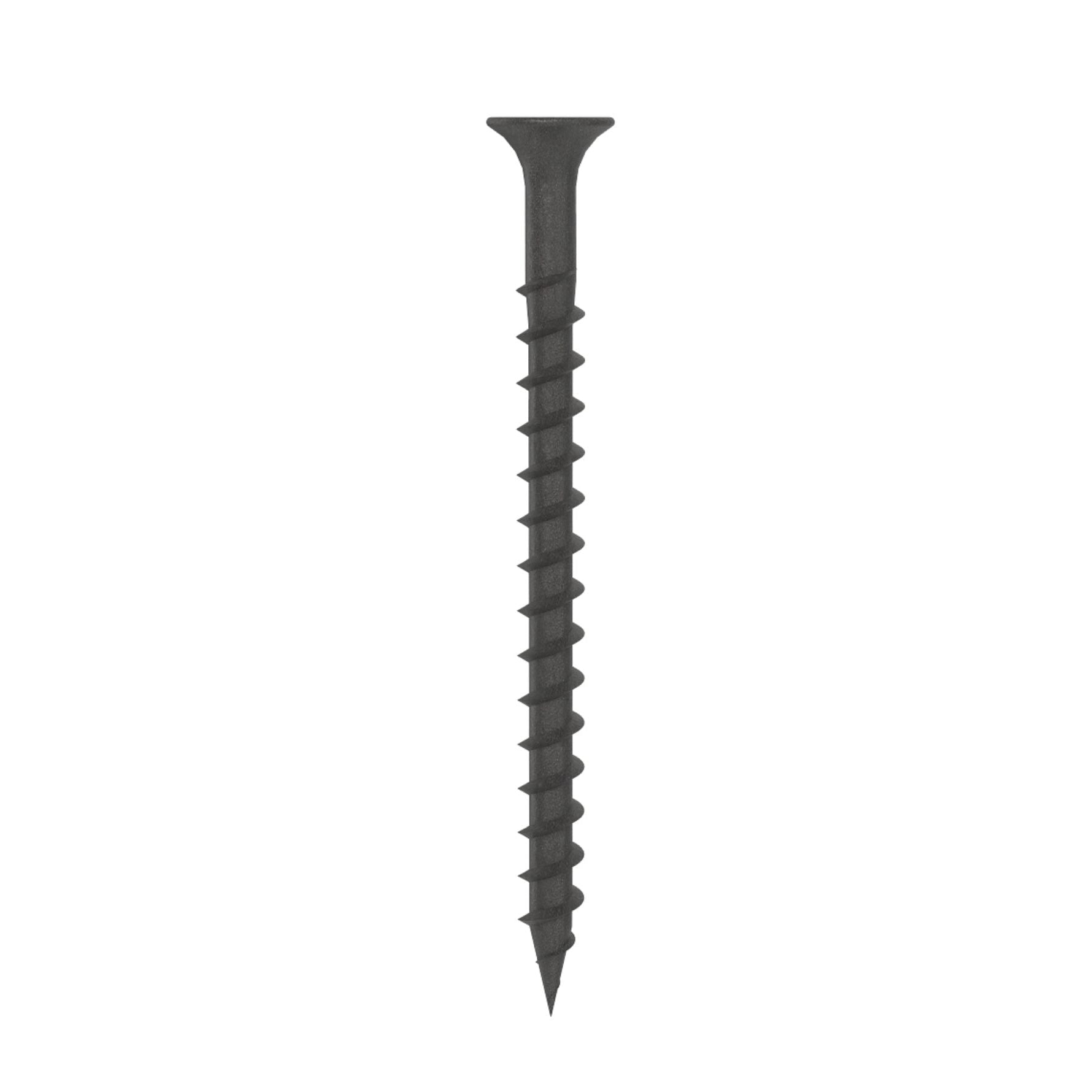 A GRIP-RITE #8 x 2-1/2 in. Phillips Bugle Head Drywall Screw, with a black phosphate coating, sharp tip, and coarse thread, stands vertically against a white background.