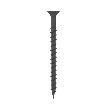 A GRIP-RITE #8 x 2-1/2 in. Phillips Bugle Head Drywall Screw, with a black phosphate coating, sharp tip, and coarse thread, stands vertically against a white background.