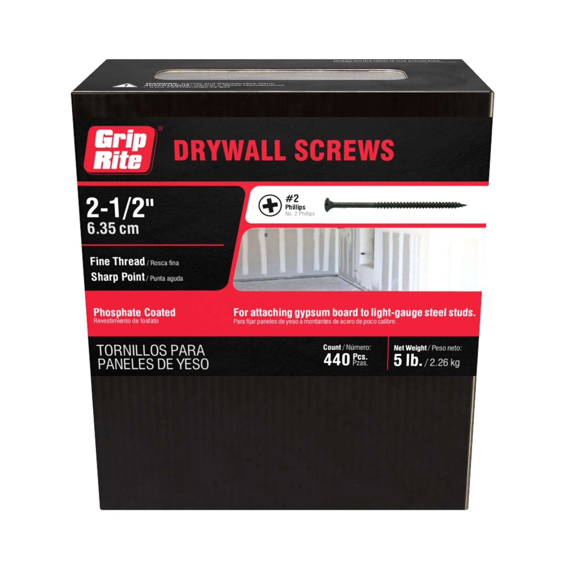 The Grip-Rite 212DWS5 pack includes 440 #8 x 2-1/2 inch drywall screws with fine thread and #2 Phillips Bugle head, ideal for attaching gypsum board to light-gauge steel studs. They feature a black phosphate coating for durability and come in a sleek black and red design, weighing 5 pounds.