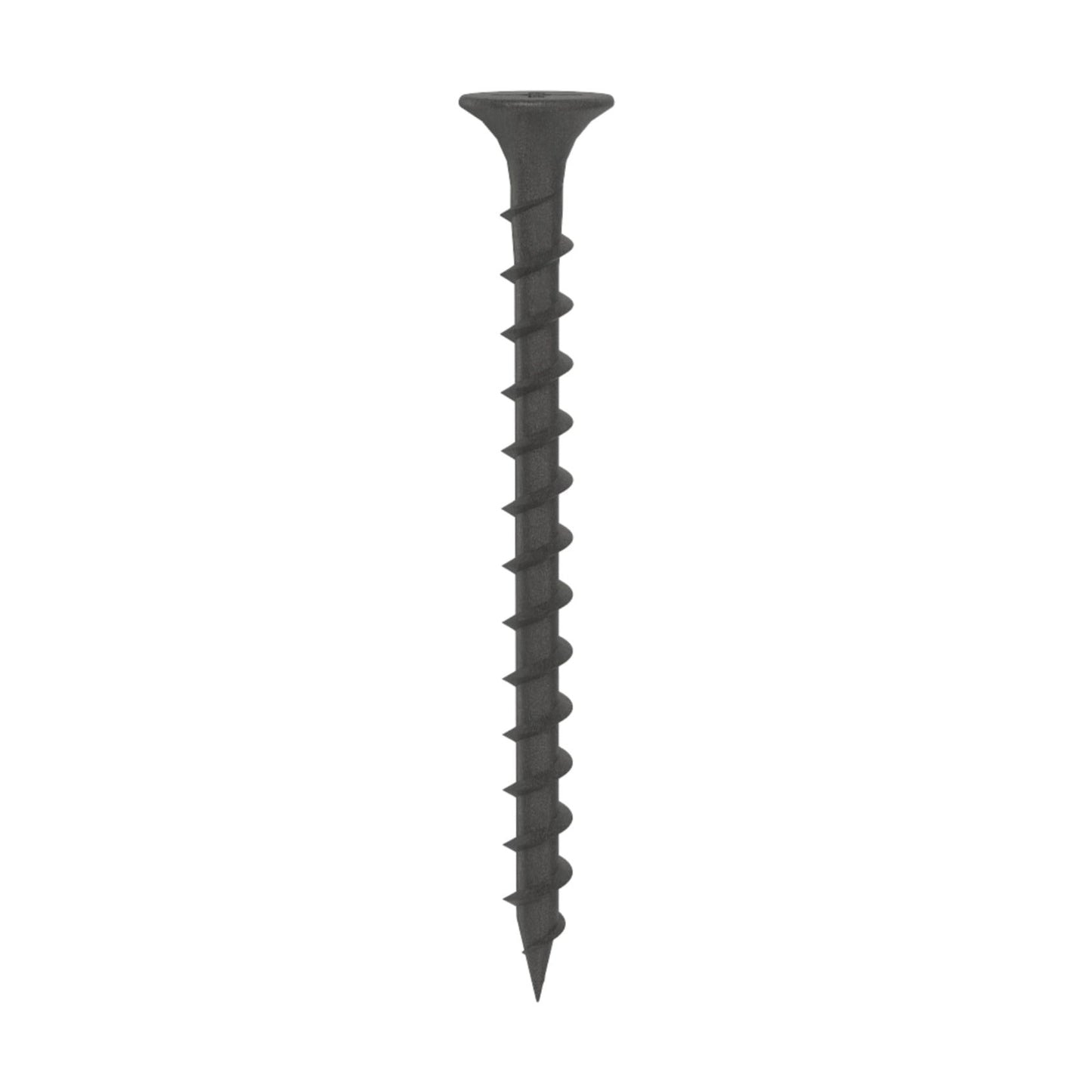 Close-up image of a single Grip-Rite 2CDWS1 #6 x 2 in. drywall screw against a plain white background, featuring a #2 Phillips bugle head, sharp pointed tip, coarse threads, and black phosphate coating for durability.