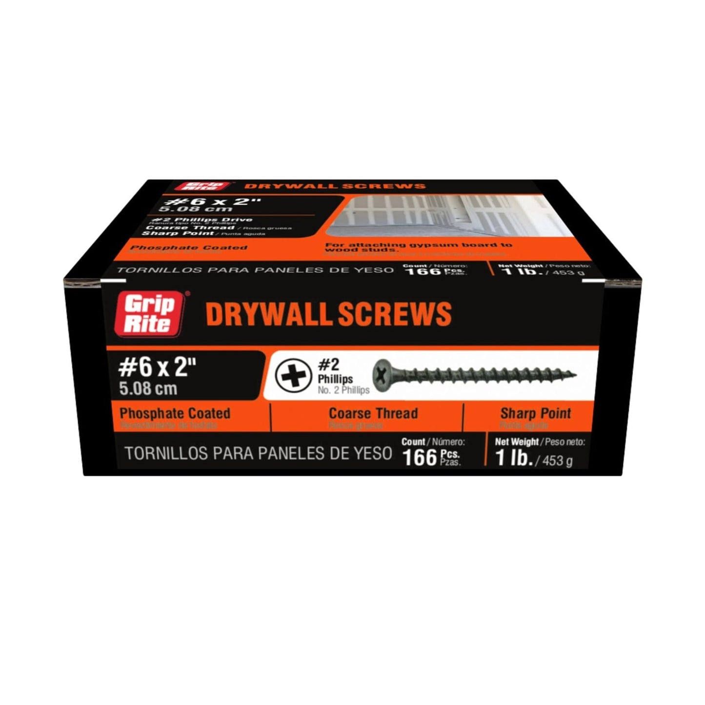 A box of GRIP-RITE 2CDWS1 #6 x 2 in. drywall screws by Grip-Rite, featuring coarse thread and sharp point, includes 166 screws per 1 lb. pack, with a black phosphate coating for durability.