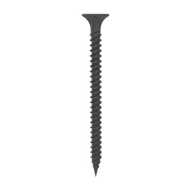 A single Grip-Rite #6 x 2 in. black drywall screw with a fine thread stands vertically against a white background, its phosphate coating subtly enhancing its sleek appearance.
