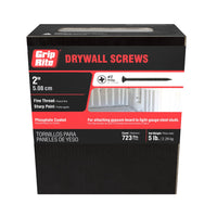 A box of GRIP-RITE 2DWS5 #6 x 2 in. fine-thread drywall screws, with a black phosphate coating and bugle head design, contains 723 screws. Suitable for gypsum board to light-gauge steel studs, the box weighs 5 pounds.