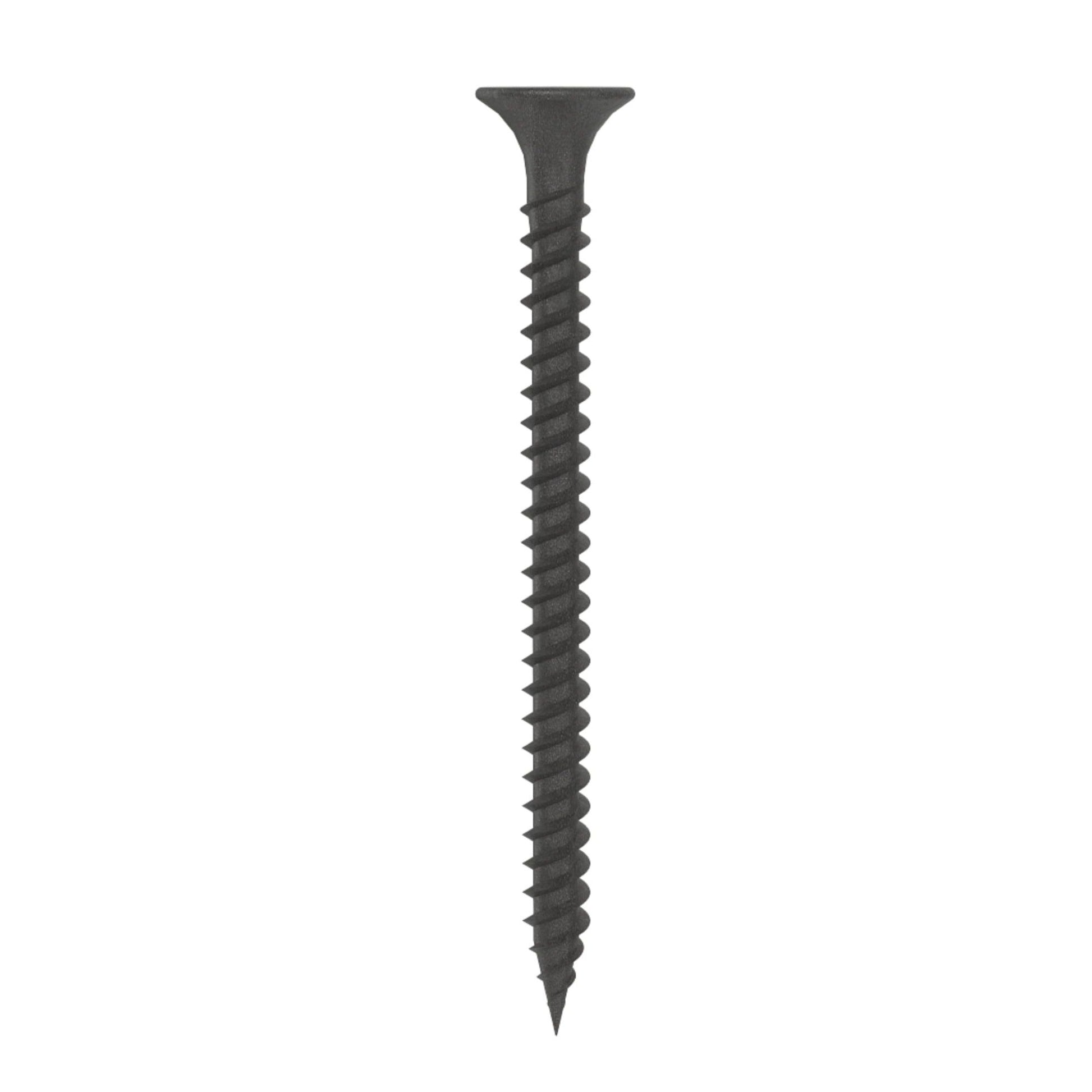 A single Grip-Rite #6 x 2 in. Phillips bugle head drywall screw, with a fine thread and black phosphate coating, is shown vertically against a white background.