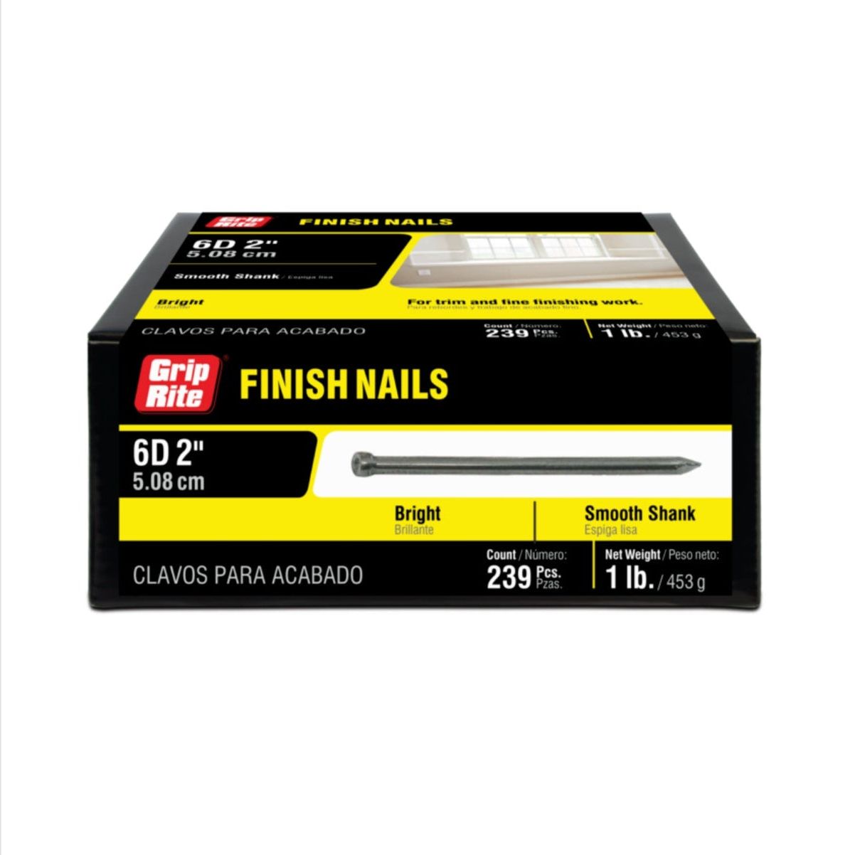 Screenshot of a product page for GRIP-RITE 6F1 #13 x 2 in. 6D Bright Finish Nails (239/Pack), perfect for detailed carpentry and cabinetry. The image shows the box with price, SKU, and quantity options, emphasizing features and benefits ideal for precise finishing work.