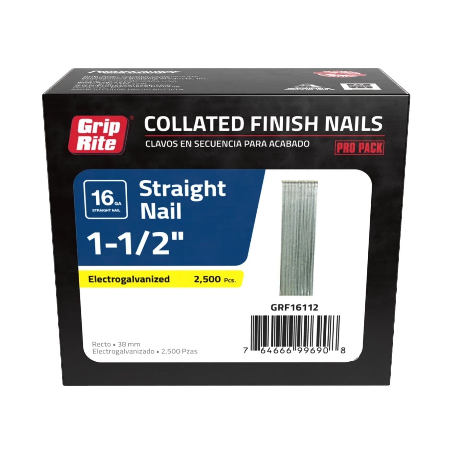 Image of GRIP-RITE GRF16112 1-1/2 in. 16-Gauge Electrogalvanized Collated Finish Nails (2500/Pack) with Jam Free Guarantee. The black box, accented with red and white text, displays nails ideal for interior finish applications.