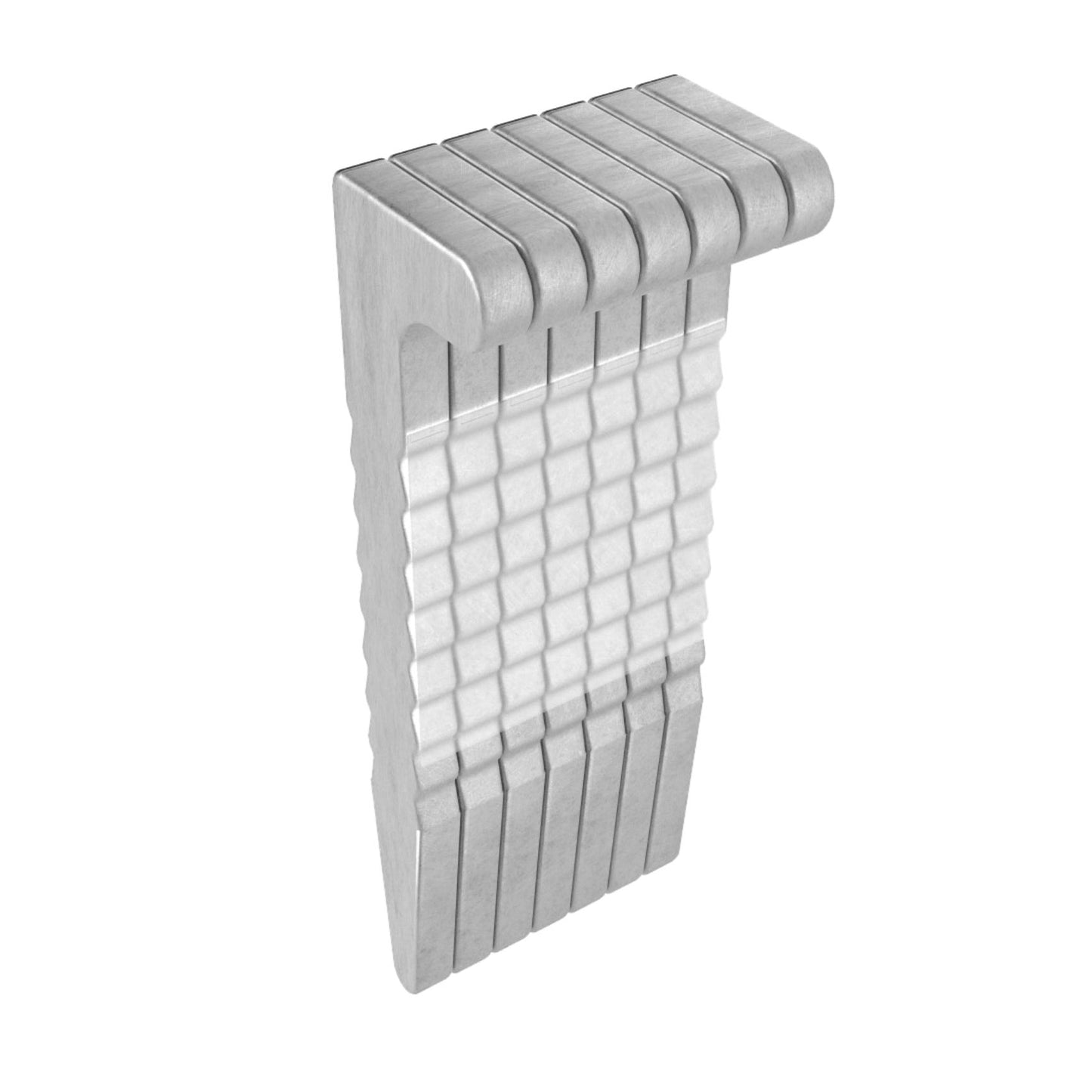 A stack of metallic Grip-Rite GRFLN150 flooring L cleats, arranged in an L-shaped design, creates an optical illusion of cascading tiles against a white background.