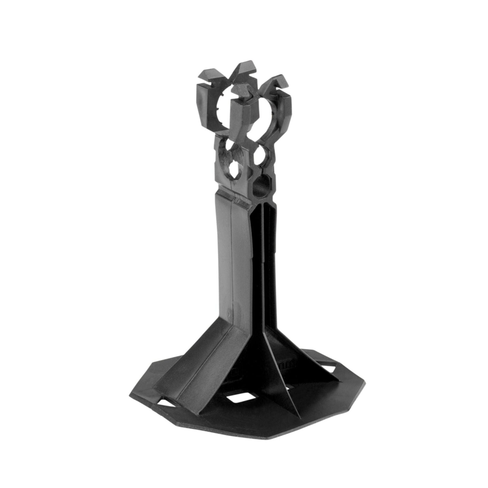 The Grip-Rite GRPROLK43B 3 in. Prolok Rebar + Mesh High Chair is a black plastic item with a hexagonal base and cylindrical upper part featuring patented locking heads for securing or supporting objects, ideal for technical uses like rebar and mesh chairs, set against a plain white background (30-Pack).