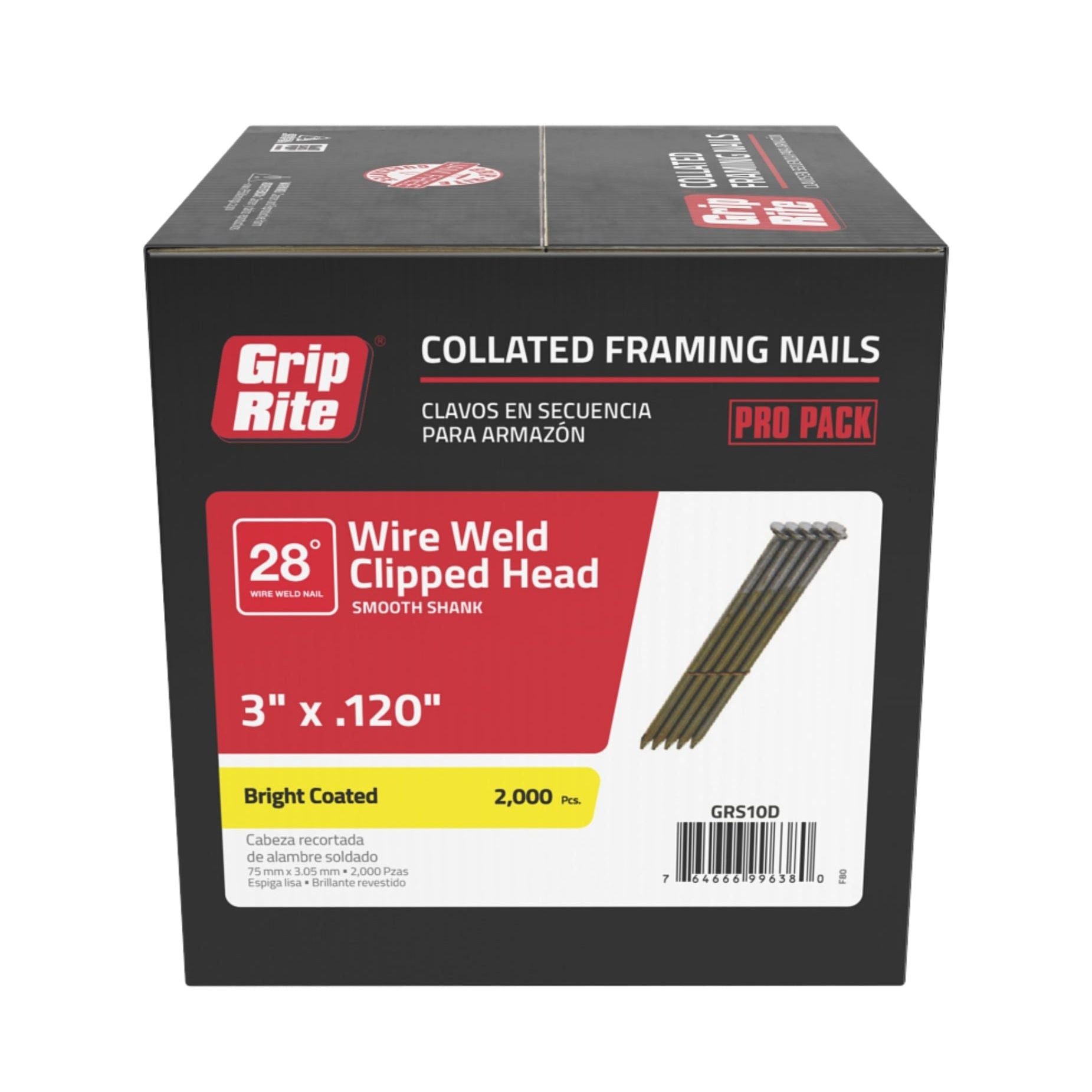 A black and red box labeled Grip-Rite GRS10D contains 2000 pieces of 3 in. x 0.120 in., 28-degree bright coated wire weld clipped head collated framing nails, ideal for nailers. It includes a nail diagram and barcode, making it perfect for efficient projects with collated fasteners.