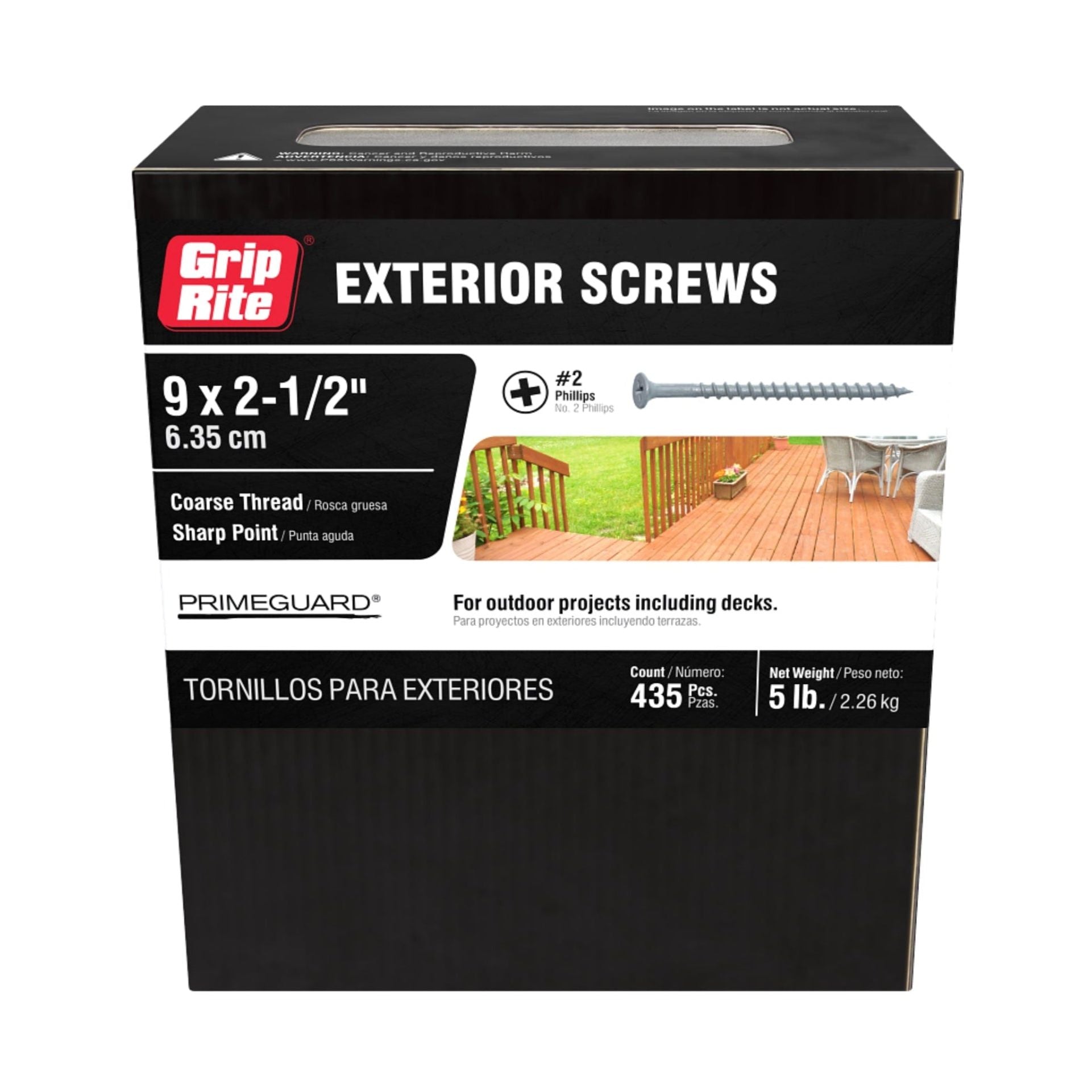 The GRIP-RITE PTN212S5 #9 x 2-1/2 in. screws from Grip-Rite feature a coarse thread, sharp point, and durable PrimeGuard coating. This 5 lb box contains 435 screws ideal for decks and outdoor projects, with packaging depicting a deck image.