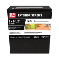 The GRIP-RITE PTN212S5 #9 x 2-1/2 in. screws from Grip-Rite feature a coarse thread, sharp point, and durable PrimeGuard coating. This 5 lb box contains 435 screws ideal for decks and outdoor projects, with packaging depicting a deck image.