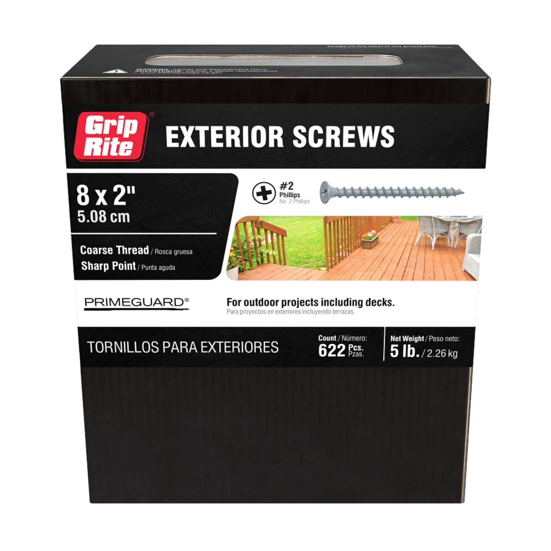 A 5 lb box of Grip-Rite #8x2 Phillips Bugle Head PrimeGuard Deck Exterior Screws, featuring a coarse thread and sharp point with 622 screws perfect for outdoor projects like decks, includes screw and deck illustrations.