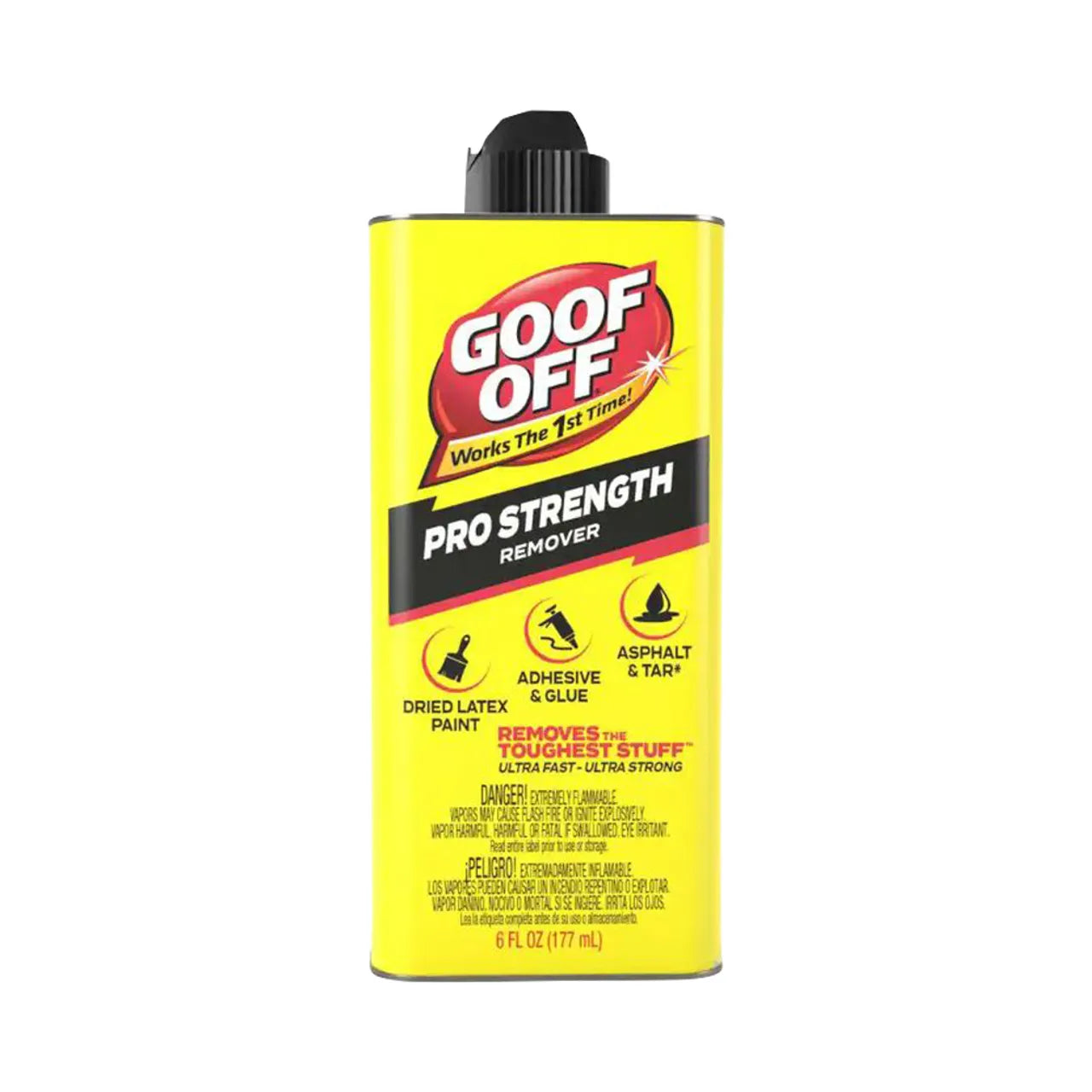 The GOOF OFF FG661 6 oz Professional Strength Multi-Surface Remover tackles dried latex paint, adhesive, glue, asphalt, and tar. It comes in a yellow can with a black cap and features a bold red and yellow label with black and white text.