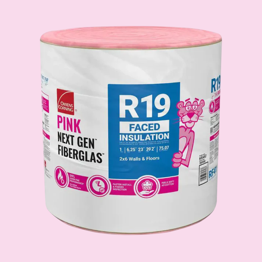 A Go Build R19 Kraft Faced Fiberglass Insulation Roll (23 in. x 39.2 ft.), ideal for wall and floor soundproofing, is shown against a light pink background. Brand: Go Build, The Fastest Way To Build.