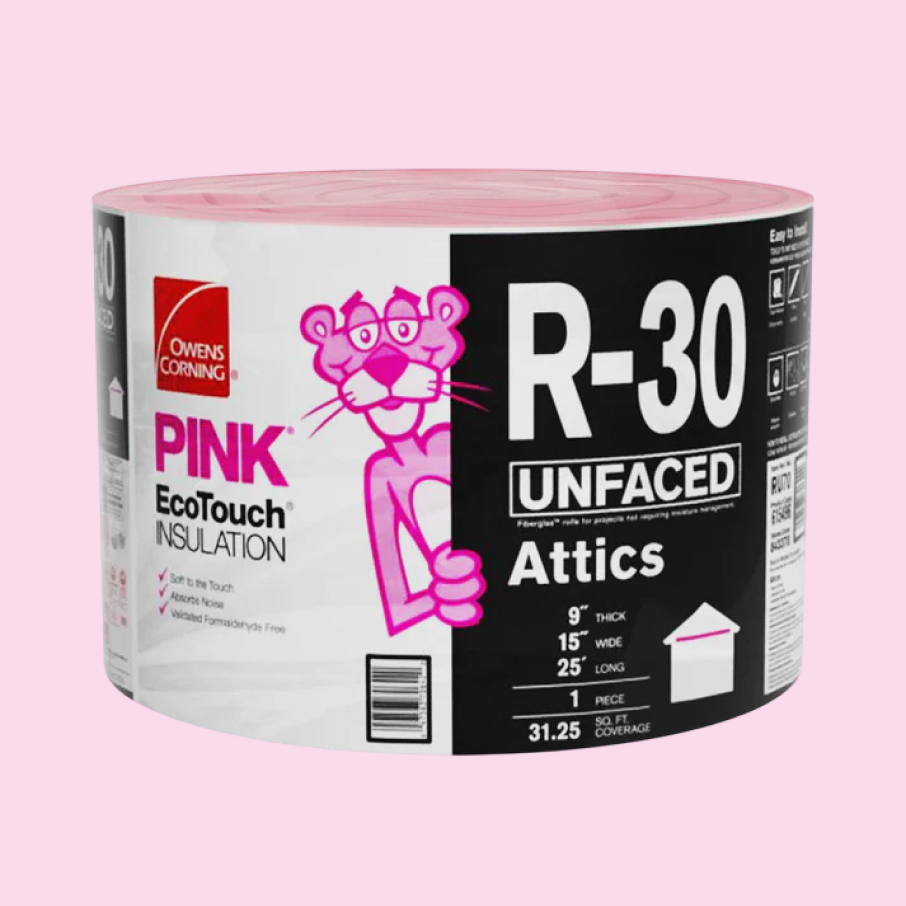 A roll of Go Build R-30 Unfaced Fiberglass Insulation with Sound Barrier Attics, 15 in. x 25 ft. (31.25 sq. ft.), featuring product details on a black, white, and pink label against a light pink background.