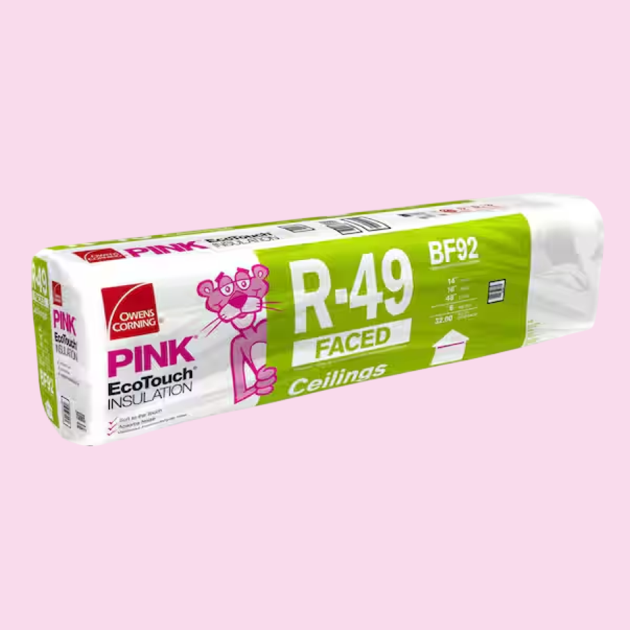 A package of Owens Corning 16 in. x 48 in. Attic Faced Fiberglass Batt Insulation 32SQ FT, featuring a green and white label with the pink panther mascot on a light pink background and an effective vapor retarder.