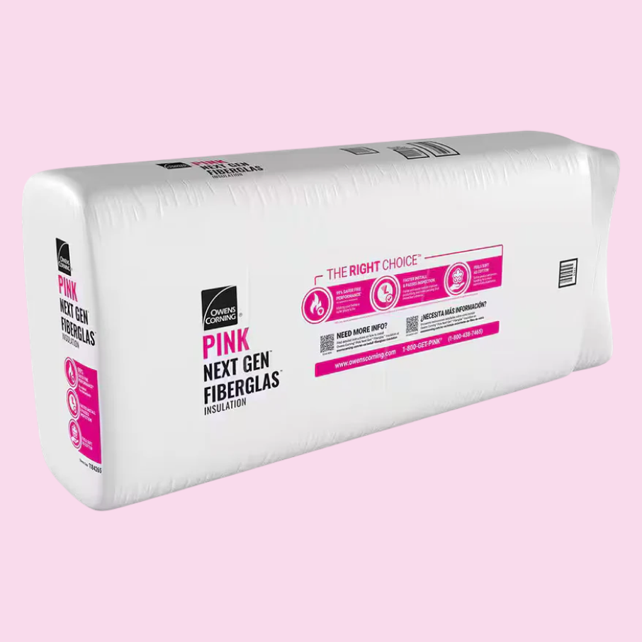 A sealed package of Owens Corning R38C 23.75 in. x 48 in. Kraft Faced Fiberglas Insulation Batt 63 SQ FT, wrapped in white and pink plastic, shown on a light pink background.