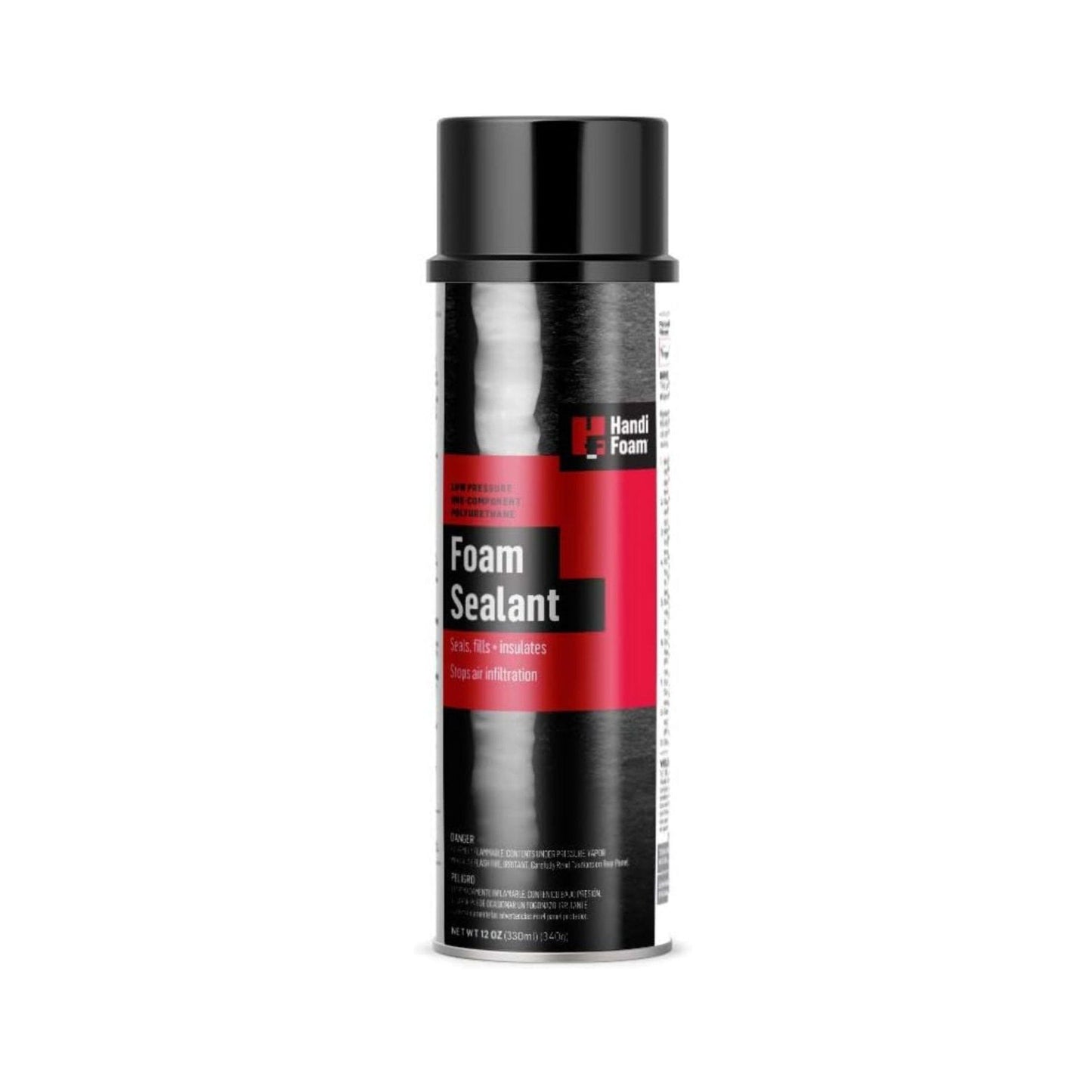 Image of a HANDIFOAM black and red can labeled HANDIFOAM P30002 12oz Low Pressure Foam Sealant OCF, highlighting features like sealing, filling, and acting as an air infiltration barrier. The can has a black cap.