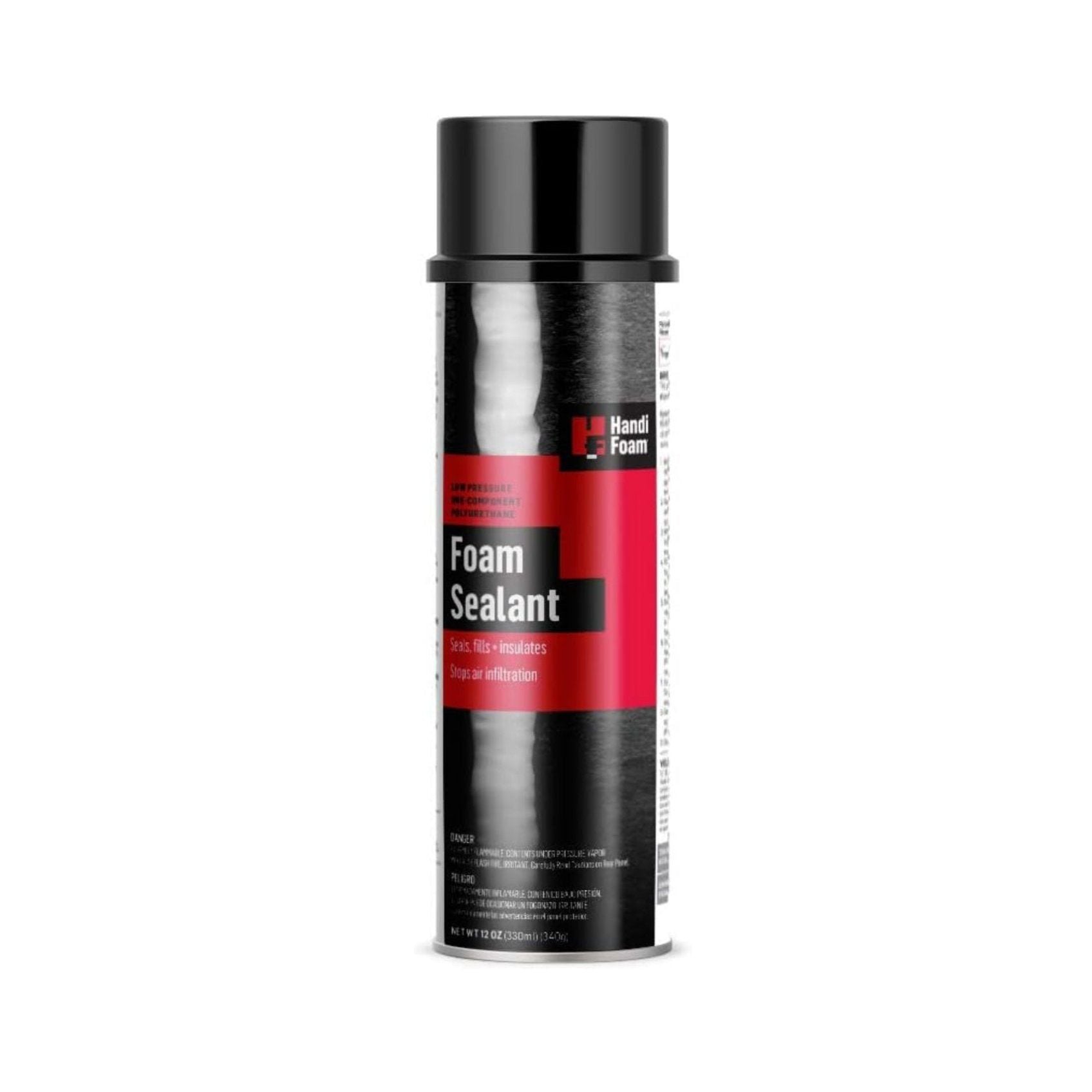 Image of a HANDIFOAM black and red can labeled HANDIFOAM P30002 12oz Low Pressure Foam Sealant OCF, highlighting features like sealing, filling, and acting as an air infiltration barrier. The can has a black cap.