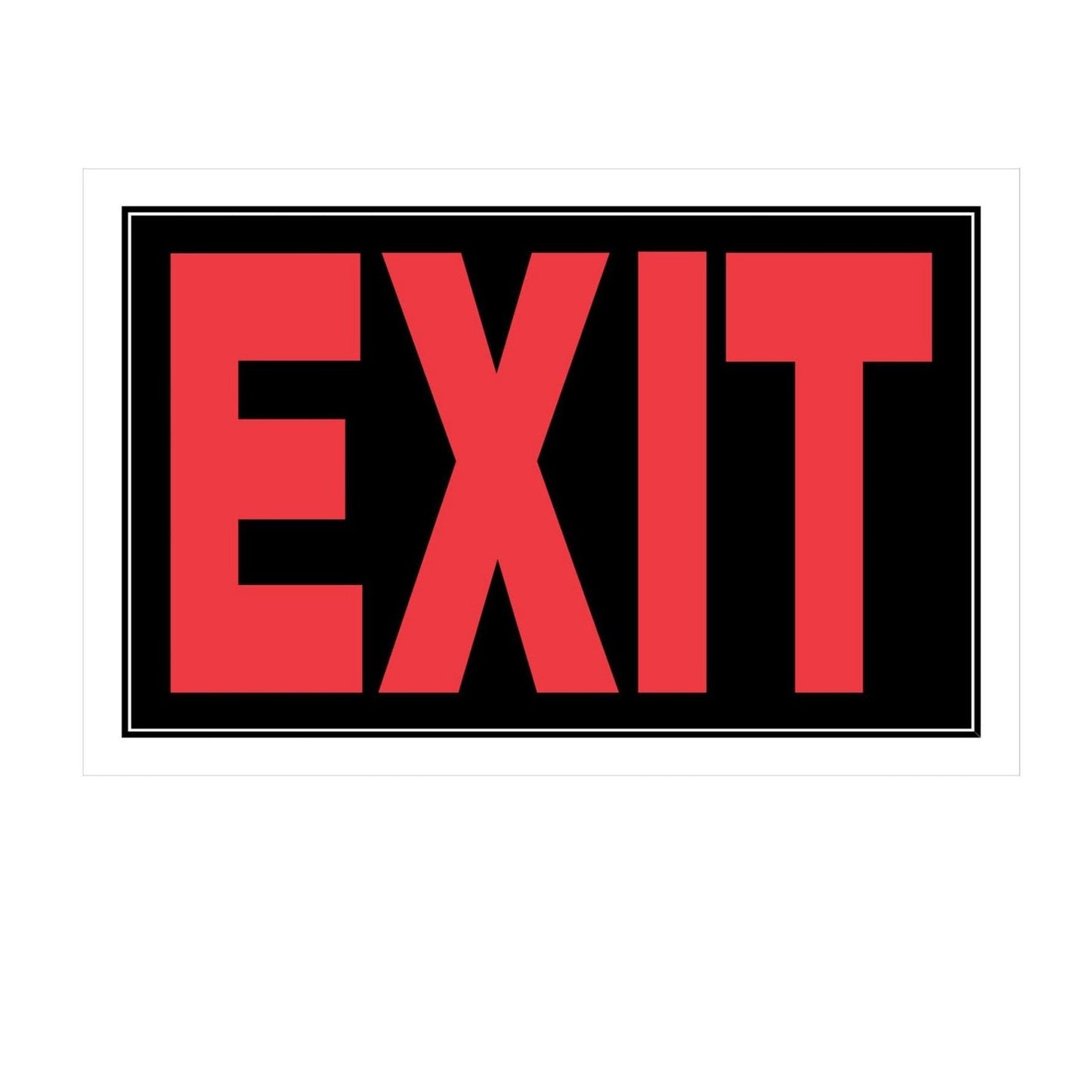 The HILLMAN 839892 Exit Sign measures 8 in. x 12 in., with EXIT in large red capital letters on a black background, ensuring clarity during emergencies.
