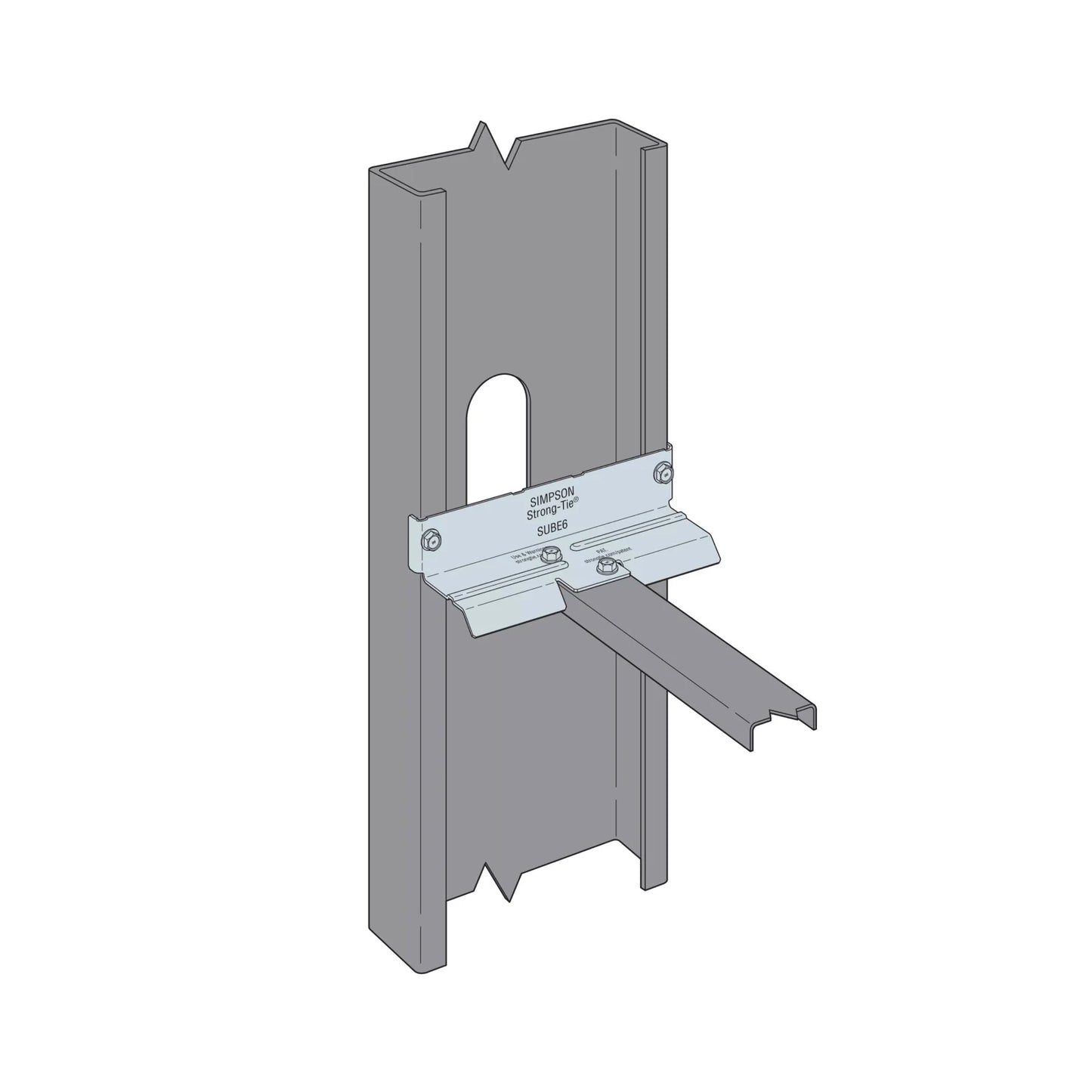 The Simpson Strong-Tie SUBE6-R50 6 in. End Bridging Connector Clip secures a horizontal steel track to a vertical cold-formed steel stud. The 50-pack is shown against a white background in a technical illustration style.
