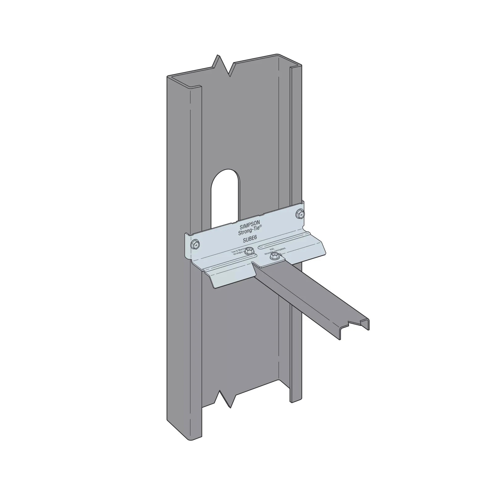 The Simpson Strong-Tie SUBE6-R50 6 in. End Bridging Connector Clip secures a horizontal steel track to a vertical cold-formed steel stud. The 50-pack is shown against a white background in a technical illustration style.