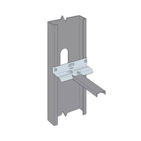 The Simpson Strong-Tie SUBE6-R50 6 in. End Bridging Connector Clip secures a horizontal steel track to a vertical cold-formed steel stud. The 50-pack is shown against a white background in a technical illustration style.