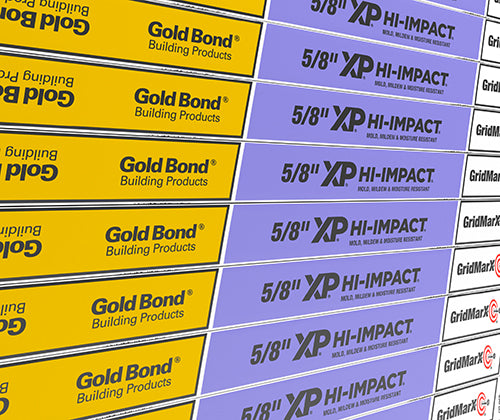 Stacks of Go Build 5/8 Inch x 4 Feet x 8 Feet Gold Bond® XP® Hi-Impact® Gypsum Board are shown with yellow and purple labels displaying product names and specs from Go Build, The Fastest Way To Build.