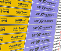 Stacks of Go Build 5/8 Inch x 4 Feet x 8 Feet Gold Bond® XP® Hi-Impact® Gypsum Board are shown with yellow and purple labels displaying product names and specs from Go Build, The Fastest Way To Build.
