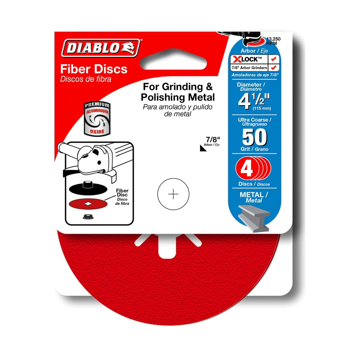 The DIABLO DCF045050S04G 50-Grit Fiber Discs, measuring 4-1/2 inches with a 7/8 inch arbor, feature premium aluminum oxide for enhanced sanding life when grinding and polishing metal. The packaging image displays a red disc, emphasizing durability and efficiency.