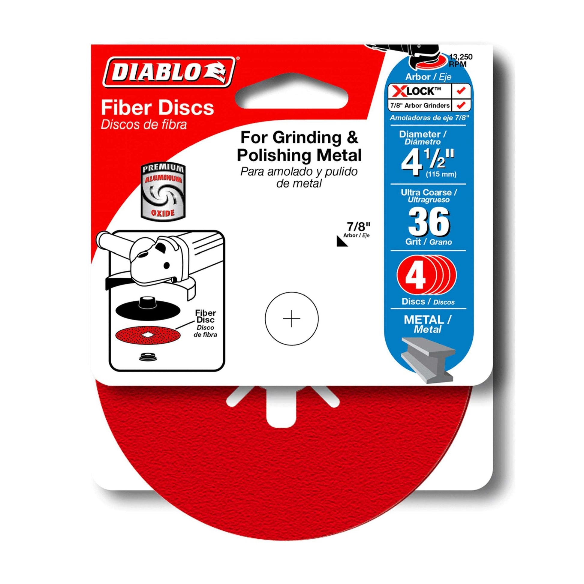The DIABLO DCF045036S04G 4.5-inch 36-grit fiber discs for metal come in a red package and use premium aluminum oxide for better sanding longevity. The red packaging features black and white text and images, with a disc diameter of 4.5 inches, a 7/8-inch arbor, and is ideal for grinding and polishing.