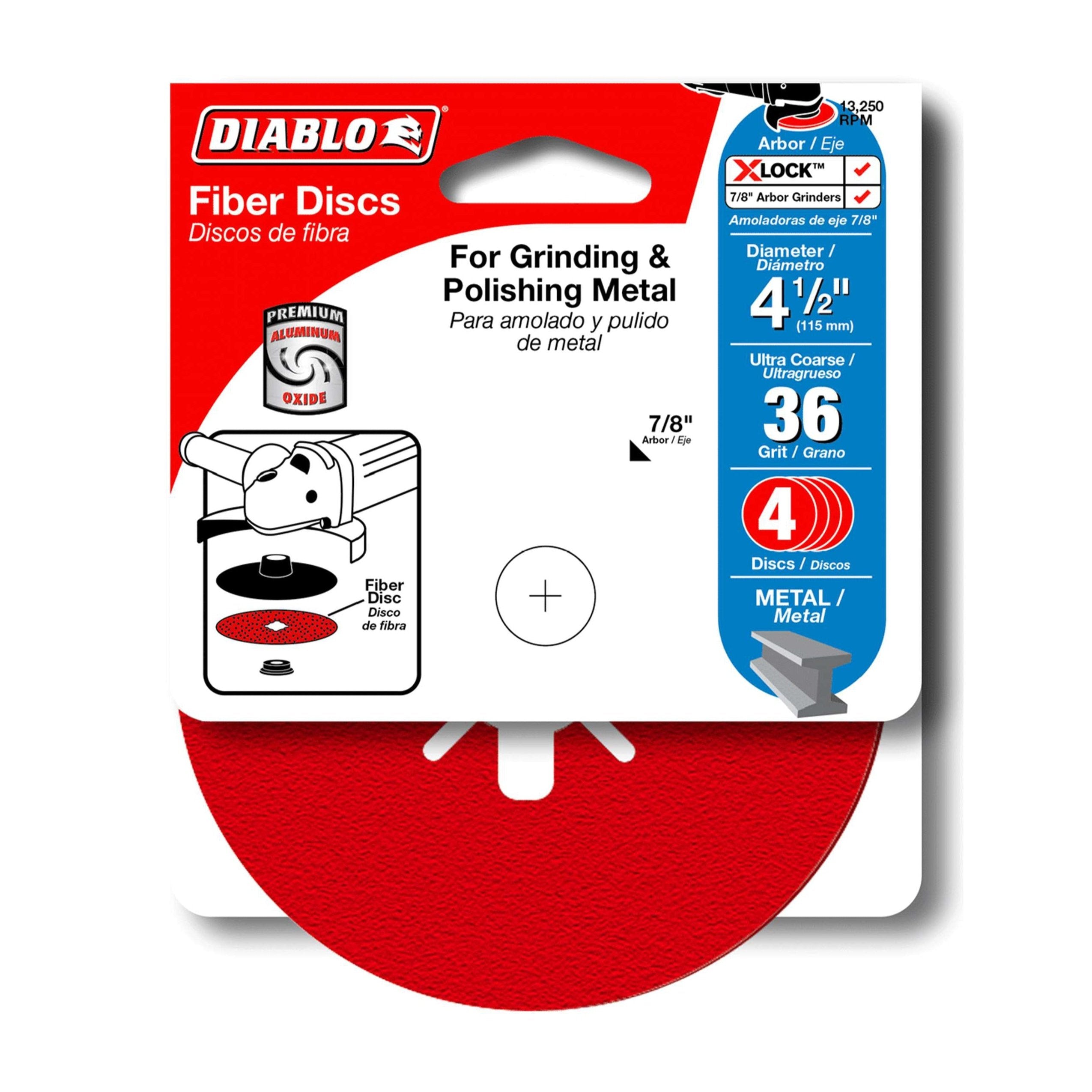 The DIABLO DCF045036S04G 4.5-inch 36-grit fiber discs for metal come in a red package and use premium aluminum oxide for better sanding longevity. The red packaging features black and white text and images, with a disc diameter of 4.5 inches, a 7/8-inch arbor, and is ideal for grinding and polishing.