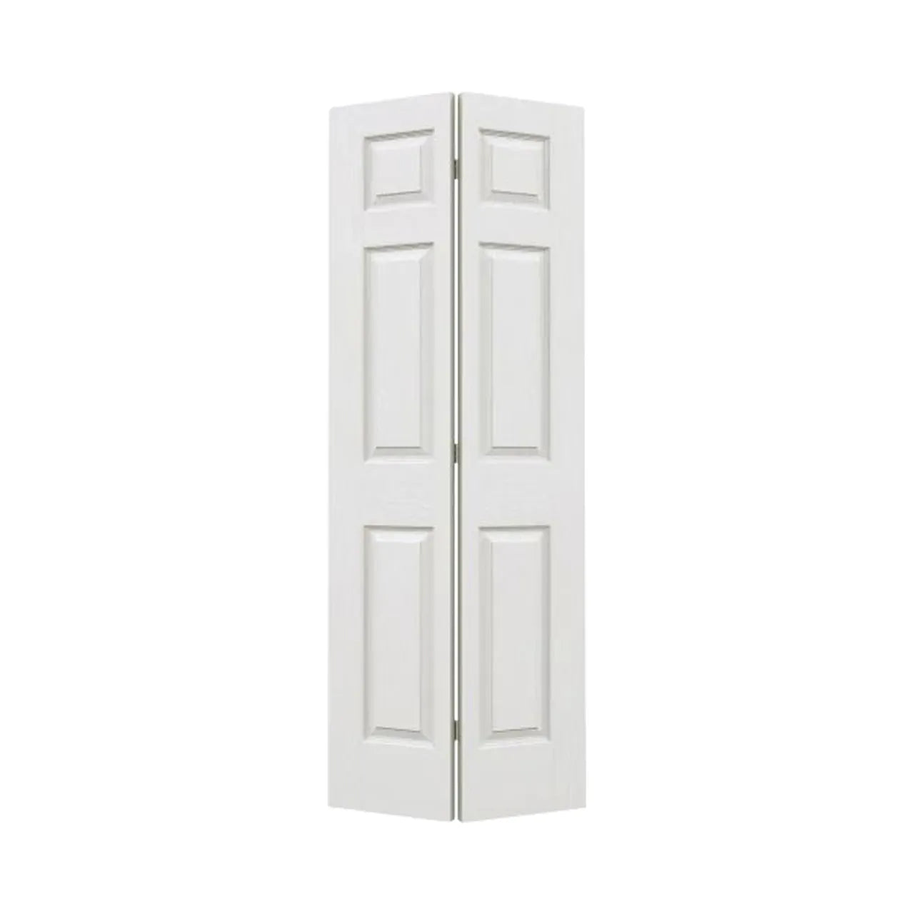 The 24 in. x 80 in. Colonist Bi-Fold Primed Textured Composite MDF Door by Go Build, The Fastest Way To Build, is shown closed with a four-panel design and woodgrain texture against a white background.