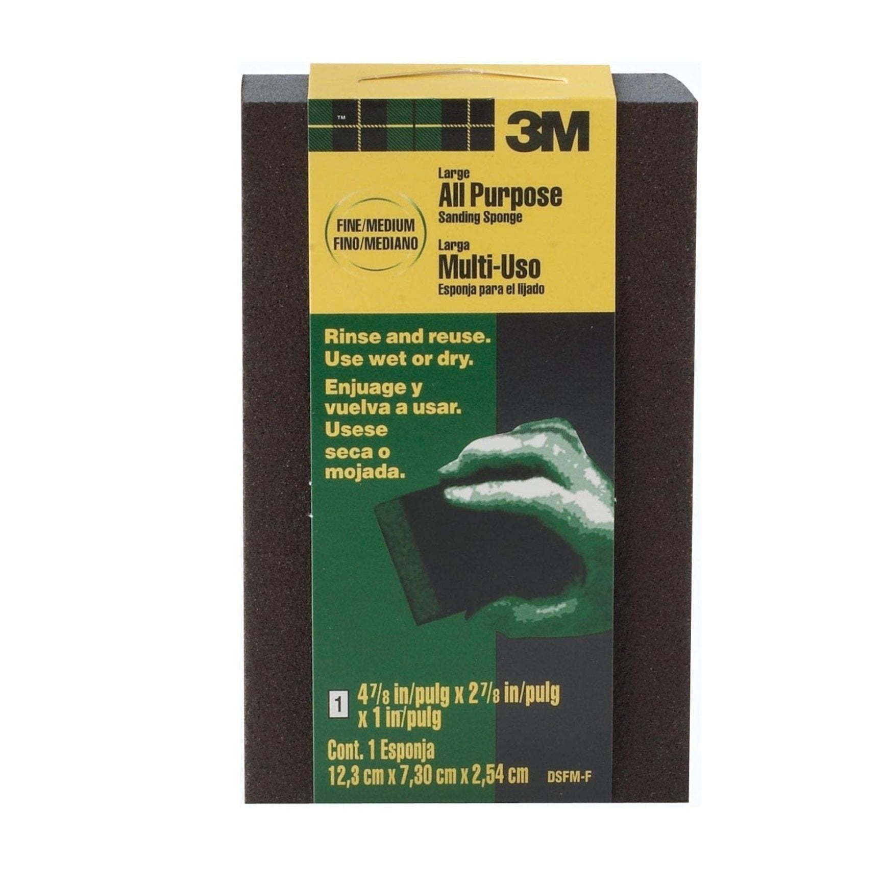 The image showcases a 3M DSFM-F-ESF-10 4-7/8 in. x 2-7/8 in. x 1 in. Fine/Medium Grit Large All Purpose Sanding Sponge by 3M, featuring a dual grit design for fine and medium use. The packaging, accented in dark green and black, includes product dimensions and bilingual usage instructions. Perfect for versatile applications, it excels at both wet and dry sanding tasks.