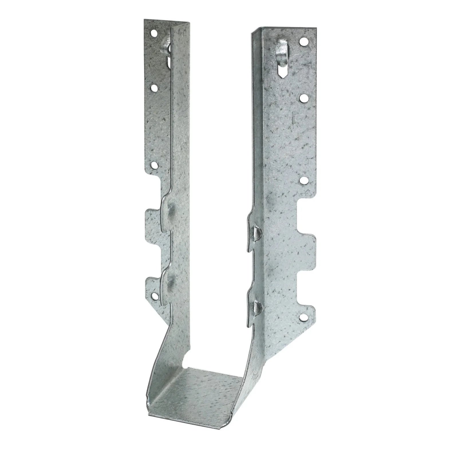 The Simpson Strong-Tie LUS ZMAX Galvanized Double Shear Face Mount Joist Hanger secures 2x10 lumber with multiple screw holes, providing strong support in construction projects.