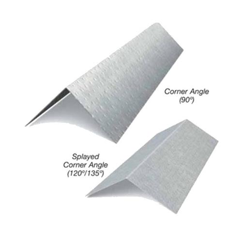Go Build 1-1/2 in. x 1-1/2 in. x 10 ft Angle 16ga 54mil includes both standard 90° and wider splayed (120°/135°) steel angles for drywall, featuring a textured surface for better adhesion.