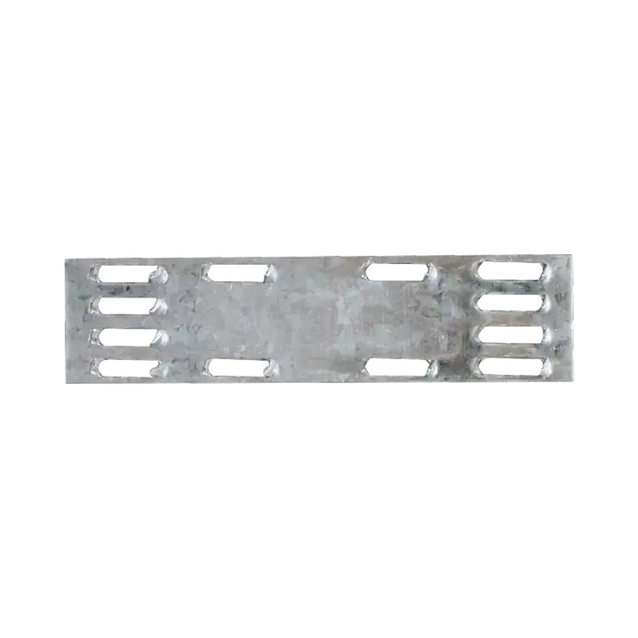 The Go Build MP 1 in. x 4 in. 20 Ga Galvanized Mending Plate features a rectangular design with eight oval slots, four on each side, and a textured, galvanized finish for durability.