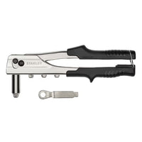 The STANLEY 10 in Right Angle Riveter features black handles, three interchangeable nozzles, and includes a small wrench stored below the tool.