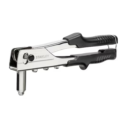 The STANLEY 10 in Right Angle Riveter features black rubber grips and a silver finish, offering precise fastening for rivets.