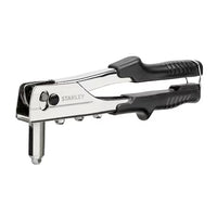 The STANLEY 10 in Right Angle Riveter features black rubber grips and a silver finish, offering precise fastening for rivets.