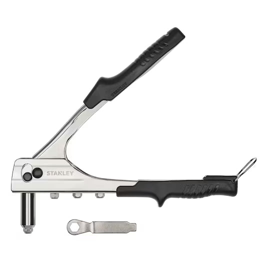 A silver and black STANLEY 10 in Right Angle Riveter with a textured grip is displayed next to a small metallic wrench on a white background.