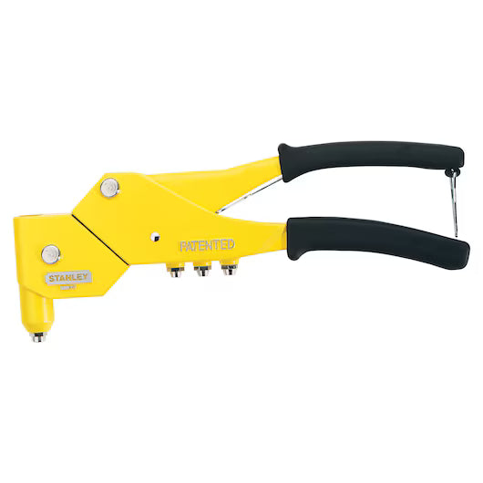 The STANLEY 11-1/8 in Swivel Head Riveter features black rubber handles and multiple nozzle tips, providing a professional hand tool for fastening materials with blind rivets.