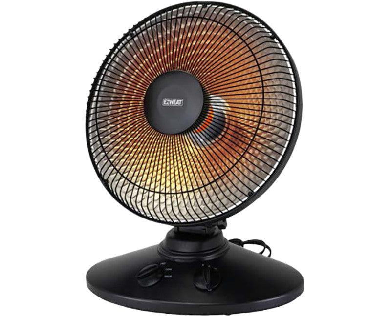 The Go Build Supply EZ-Heat Oscillating Parabolic Heater features a black design with a round grill, glowing orange element, control knobs on the base, and upward tilt—ideal for energy-efficient supplemental heating.